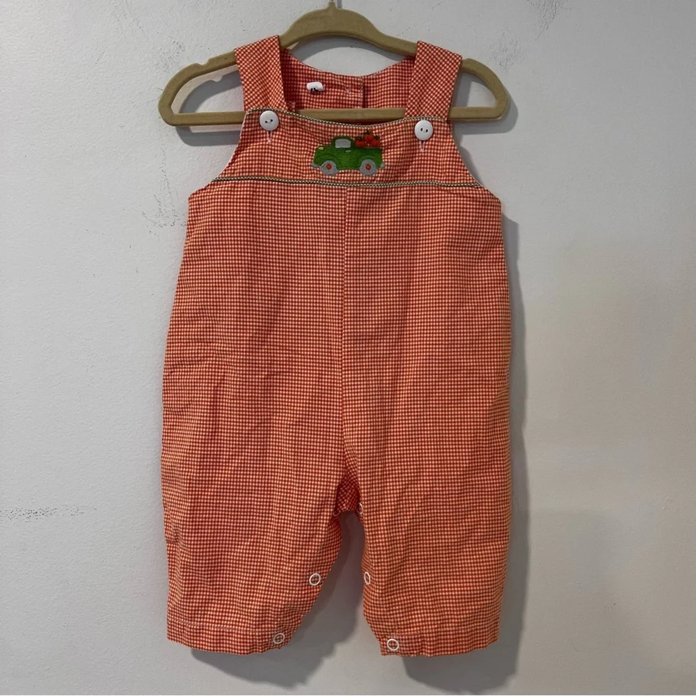 Orange Gingham Pumpkin Truck Overalls